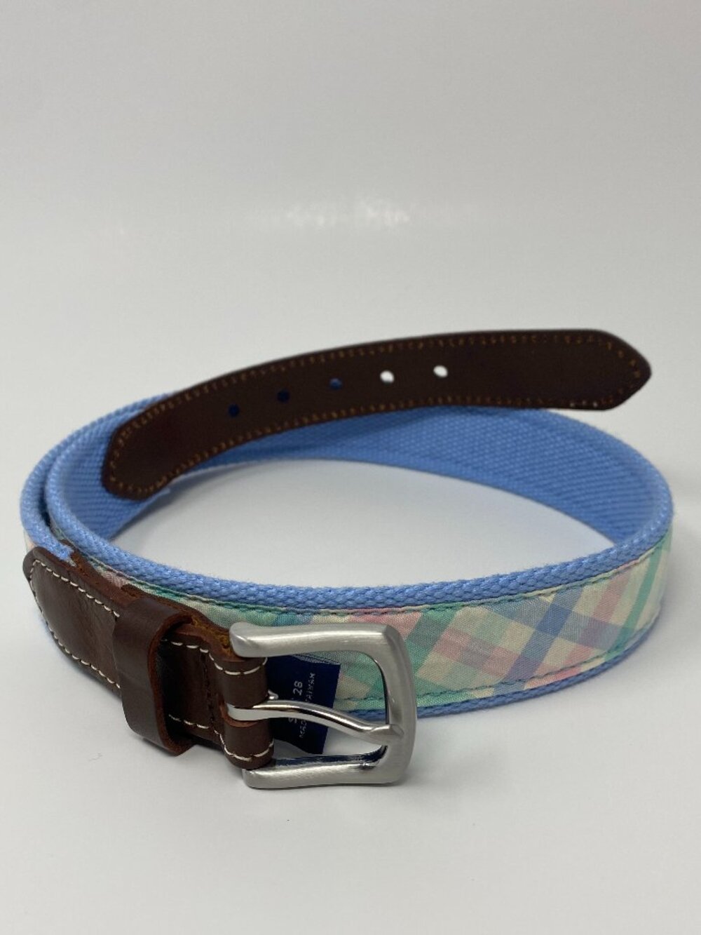 Vineyard Vines Canvas Club Belt Boys 28 Blue Pink Green Ribbon Golf Plaid